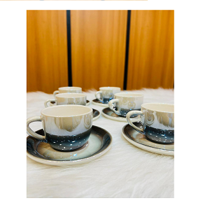 Porcelain Coffee Set 6 Pcs with Plates, Dark Marble MG12-40