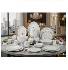 Oxford dining set 60 pcs round classic elegant design combining white color and subtle patterns with gold rim giving it a luxurious royal look
