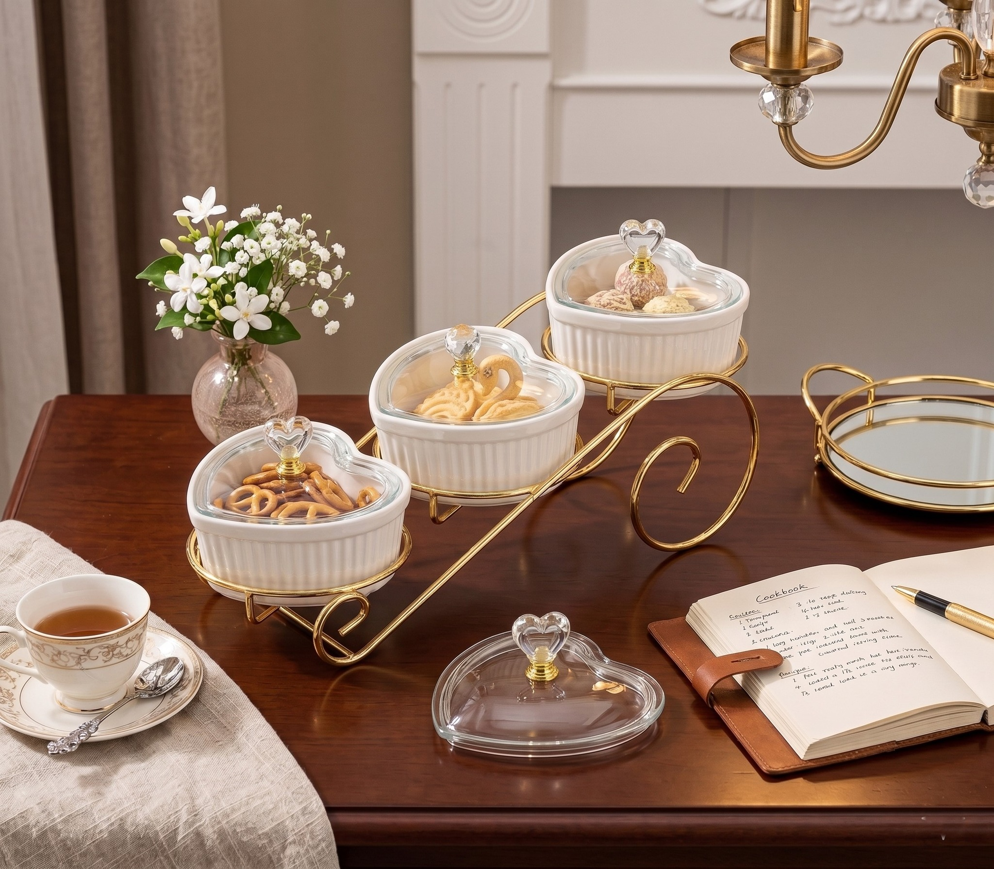 Snacks Plates 3 Pcs Heart Shape Porcelain With Golden Holder ST2122W