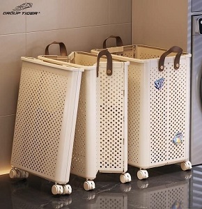Imported White Plastic Laundry Basket, Square, Foldable with White Wheels
