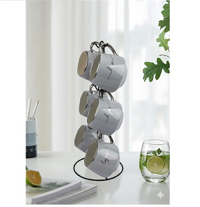 Porcelain mug set 6 pieces on a metal stand
