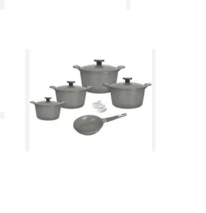 Neoflam Granite Pot Set, Gray, 11-Piece Grooved, Pots (20-22-24-28 cm) + Fry Pan 24 + 2 Silicone Holders
