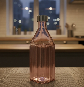 Glass Water Bottle Burgundy Ribbed with Silver Lid - abdo-109-10 C