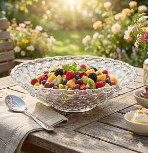Living Home Glass Fruit Plate – Unique transparent design with a textured circular pattern and wavy edges. LXGP003


