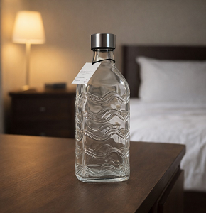 Glass water bottle, white wave design silver lid-abdo-109-11 A