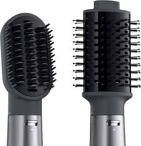 Braun 1000W Hair Brush equipped with three attachments: a concentrator, a round brush, and a straightening brush. Features ionic technology and three adjustable airflow settings.