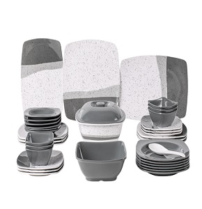 Melamine Tableware Set "Dream Lotus" – 38 Pieces, Square Kazan Design, in Gray Color.