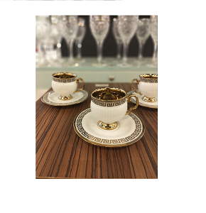 Coffee cup set of 6 pieces with saucers, white gold color with Versace pattern, SH209-A
