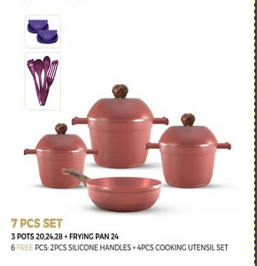 Set  Die-Cast (well design) 7pcs ( Pot 20&24&28 cm+ Fry Pan 24 cm)+geft 4pcs tools + 2 pcs silicone) pink  
