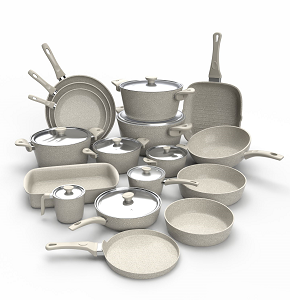 Granite Cookware Set Top Chef 25 Pieces Beige Composition (Pots 16-20-24-26-30 / Frying Pans 20-24-30 / Milk Pan 16 / Grill Pan 28 / Wok 28 / Deep Frying Pans 26-30 / Casserole 30 / Sauté Pan 26 / Sau