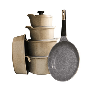 Neoflam Granite Ribbed Cookware Set 10 pcs Beige – Includes pots 20-22-26-28 cm + 24 cm frying pan + 28 cm grill pan + 2 silicone handles
