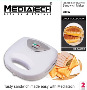 MediaTech Sandwich Maker, 700 Watt, White - MT-SM205