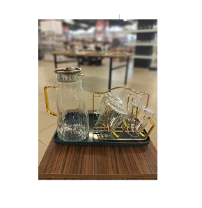 Glass drink set with 6 rimmed cups, special holder, pitcher, and serving tray with gold handles, code GX-43-A

