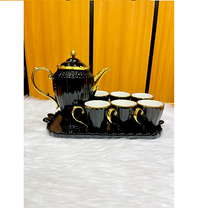 Classic luxury tea set, consisting of one teapot, six cups, and one tray. 
