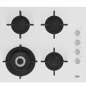 BEKO Hob Built-In Gas, 60 cm 4 Burners Cast Iron Pan Supports Full Safety, White - HILW 64122 SWE

