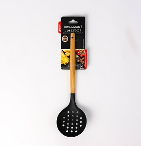 Wellmes Slotted Silicone Ladle with Wooden Handle – For Draining and Serving Food
