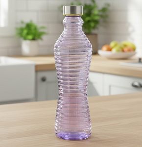 Glass Water Bottle, Purple Circular Pattern Round Shape, Silver Lid - abdo-201-211