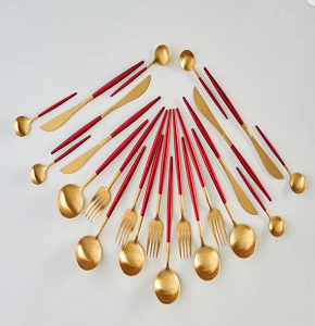 Set of 4 bouillon spoons gold with maroon handle code C12-11 RED
