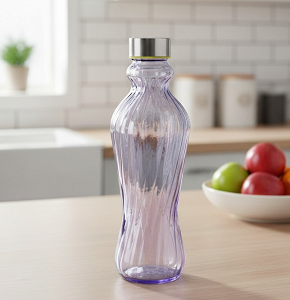 Glass Water Bottle, Purple Embossed Spiral Design, Round Shape -abdo-201-210