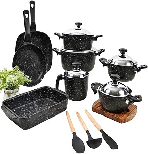  Granite Trend Line 13-piece round set includes pots (18-20-24-28 cm) a 24 cm frying pan a 23 cm baking tray a 28 cm grill and a 16 cm milk pot in black (66037GR).
