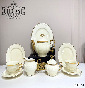 Tea and cake set, 24 pieces, Thai made, Elegant brand, light beige simple with elegant golden touches on edges.
