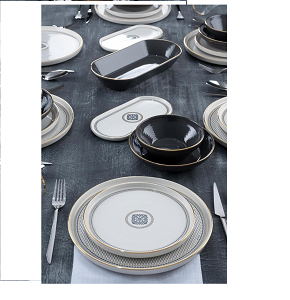 Porcelain Dinner Set 24 Pieces - Glory - Black Elegance Model with Luxurious Black and White Pattern with Gold Accents
