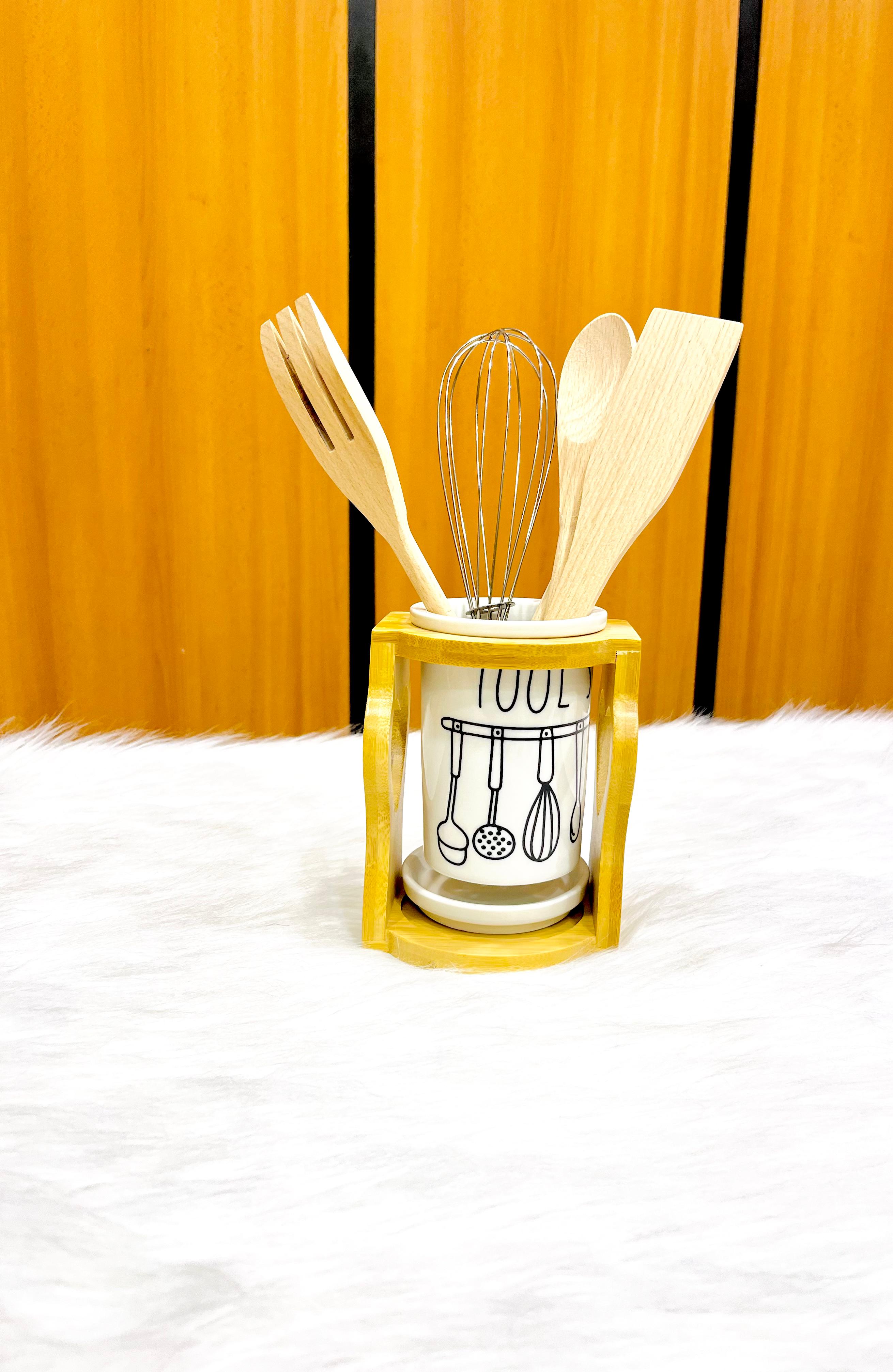 Utensil Holder Set 5 pcs (4 serving utensils and stainless steel whisk) with porcelain holder and bamboo wooden base ZY367-1

