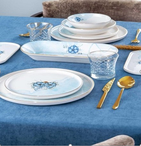 Porcelain Dinner Set 24 Pieces - Glory - Sky Rose Model with Gradient Blue Pattern and Elegant Golden Touches
