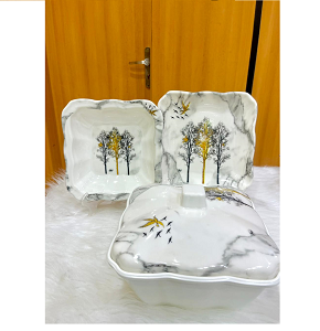 Melamine dinner set, 38 pieces, featuring an elegant trees and birds design.
