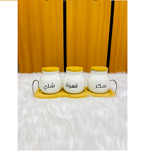 Set of 3-piece porcelain sugar jars for storing tea sugar and coffee with wooden lids and elegant base for perfect organization
