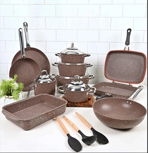  Granite 15-piece round set includes pots (18-20-24-28 cm) a 16 cm milk pot a 31 cm casserole a 32 cm crepe pan a 28 cm wok a 24 cm frying pan and a 36 cm double grill in chocolate.
