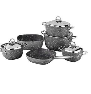  Granite Power Line 10-piece square set includes pots (18-20-24-28 cm) a 26 cm frying pan and a 28 cm baking tray in gray (66410GR).
