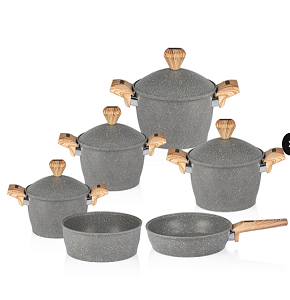 Granite Gigilli Cookware Set – 10 Pieces – 4 Pots (28-24-22-20 cm) + Frying Pan 26 cm + Oven Tray 28 cm – Gray
