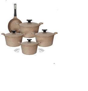 Neoflam Granite Pot Set, Beige, 11-Piece Round, Pots (18-20-24-28 cm) + Fry Pan 24 + 2 Silicone Holders
