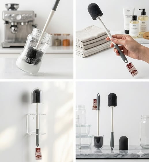 Toilet cleaning brush with dense bristles and a plastic handle.