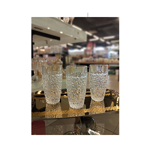 Living Home glass mug, set of 6 pieces, transparent tall design with embossed decorative texture covering the entire body

