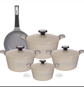 Neoflam Granite Ribbed Cookware Set 11 pcs Beige – Includes pots 16-22-24-26 cm + 24 cm frying pan + 2 silicone handles
