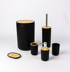 bathroom accessories set with wooden details
