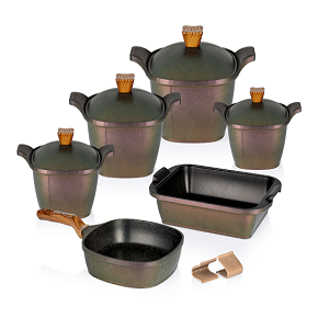 Granite kazan Cookware Set – 10 Pieces – Square Shape – 4 Pots (28-26-24-20 cm) + Frying Pan 28 cm + Roaster 36 cm

