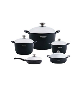 Tefal ARSHIACookware Set – German Made – 10 Pieces – Color: Black – Includes casseroles in sizes (20, 24, 28 cm) with lids, and frying pans in sizes (28, 26 cm) with lids.
