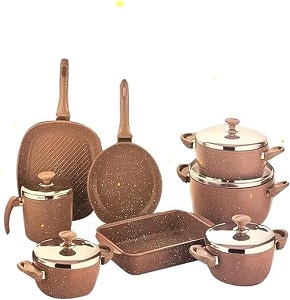  Granite Trend Line 13-piece round set includes pots (18-20-24-28 cm) a 24 cm frying pan a 23 cm baking tray a 28 cm grill and a 16 cm milk pot in chocolate (66037GR).

