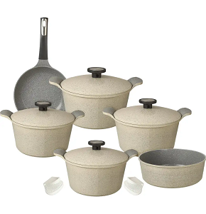 Neoflam Granite Pot Set, Beige, 10-Piece Grooved, Pots (20-22-24-28 cm) + Fry Pan 24 + Casserole 28
