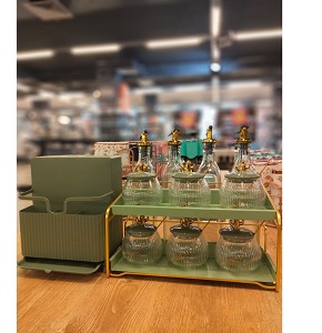 Spice set with 6 jars with lids, 6 gold spoons, double-tier holder, 4 bottles for oil and vinegar, spoon holder, and knives with distinctive cactus pattern, code CIG-00101-S15-KR
