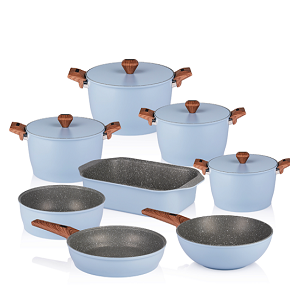 Granite Gigilli Cookware Set – 12 Pieces – 4 Pots (28-24-22-20 cm) + Wok 28 cm + Frying Pan 28 cm + Roaster 35 cm – Aqua

