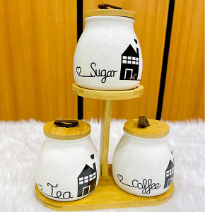 Canister Set 3 pcs, Porcelain with Wooden Lids and Multi-Level Wooden Display Base