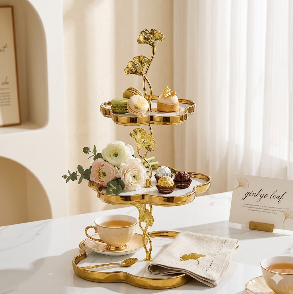 Luxury 3-Tier Porcelain Serving Stand with Golden Accents and Structure, 40cm Height.