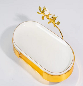 Classic Oval Sweet Tiger Tray with Gold Base and Gold-plated Tree Branch Handle MD0540

