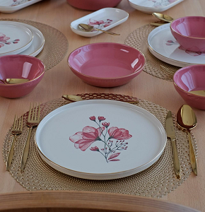 Porcelain Dinner Set 24 Pieces - Glory - Rose Bloom Model with Elegant Pink Pattern and Pink Bowls
