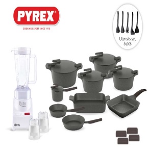 Granite Pyrex Cookware Set – 23 Pieces (Pots: 20, 24, 26, 30 cm) Black Artisan Pyrex – Includes Free Mienta Blender

