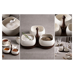 Ceramic square bowl set, 3 pieces, white color, with wooden stand
